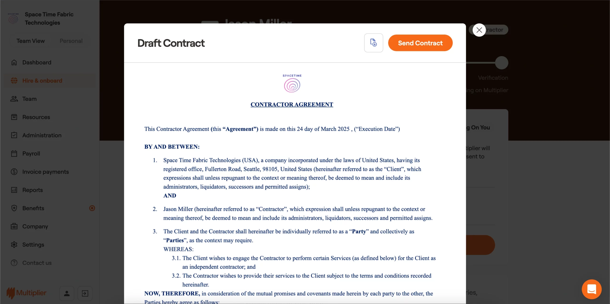 Contract sent to the contractor for onboarding in Canada.
